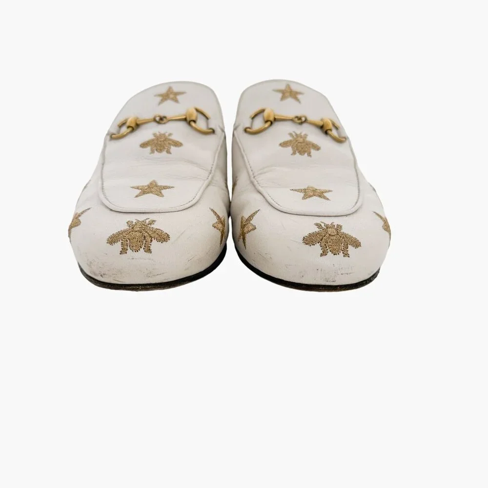 Gucci Princetown Horsebit Loafer Mule EU 37 US 7 White Bee Star Embroidered